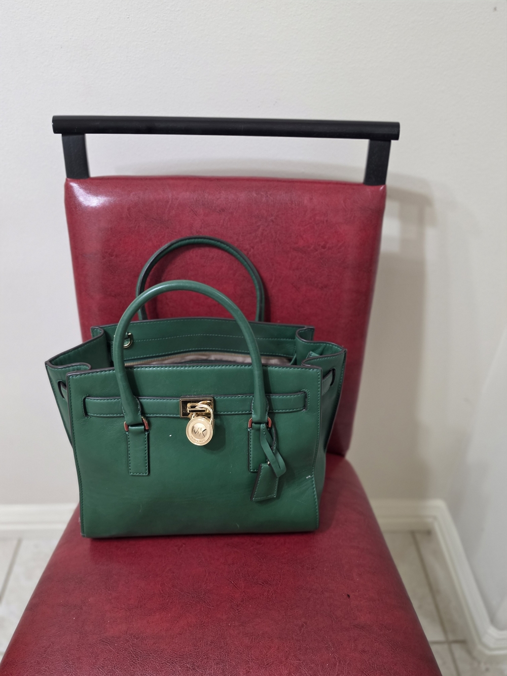 Michael Kors- Green Leather Top-Handle Tote with Gold Lock